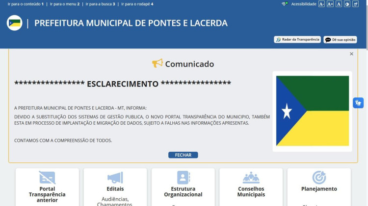 Portal De Transparência da Prefeitura de Pontes e Lacerda está “embaçado” há meses