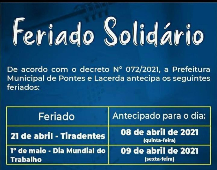 Decreto municipal antecipa feriados em Pontes e Lacerda