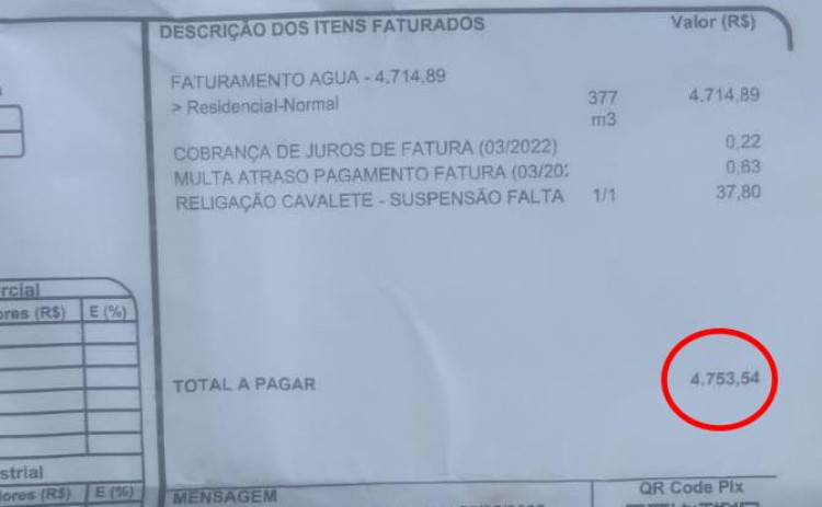 Moradora se assusta com fatura de água no valor de R$ 4 mil, em Pontes e Lacerda